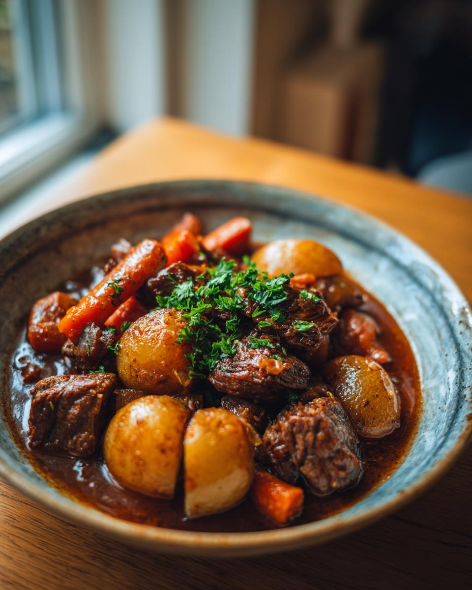 Tazón con guiso de ternera tradicional con papas, zanahorias y perejil fresco.