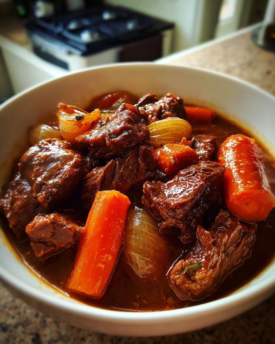 Guisos a fuego lento caseros con trozos de carne, zanahorias y cebollas en un plato blanco