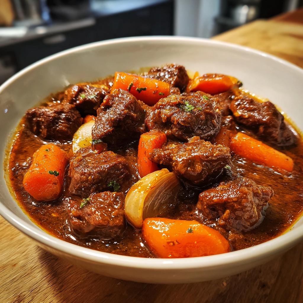 Tazón con guisos a fuego lento caseros de carne, zanahorias y cebolla en salsa