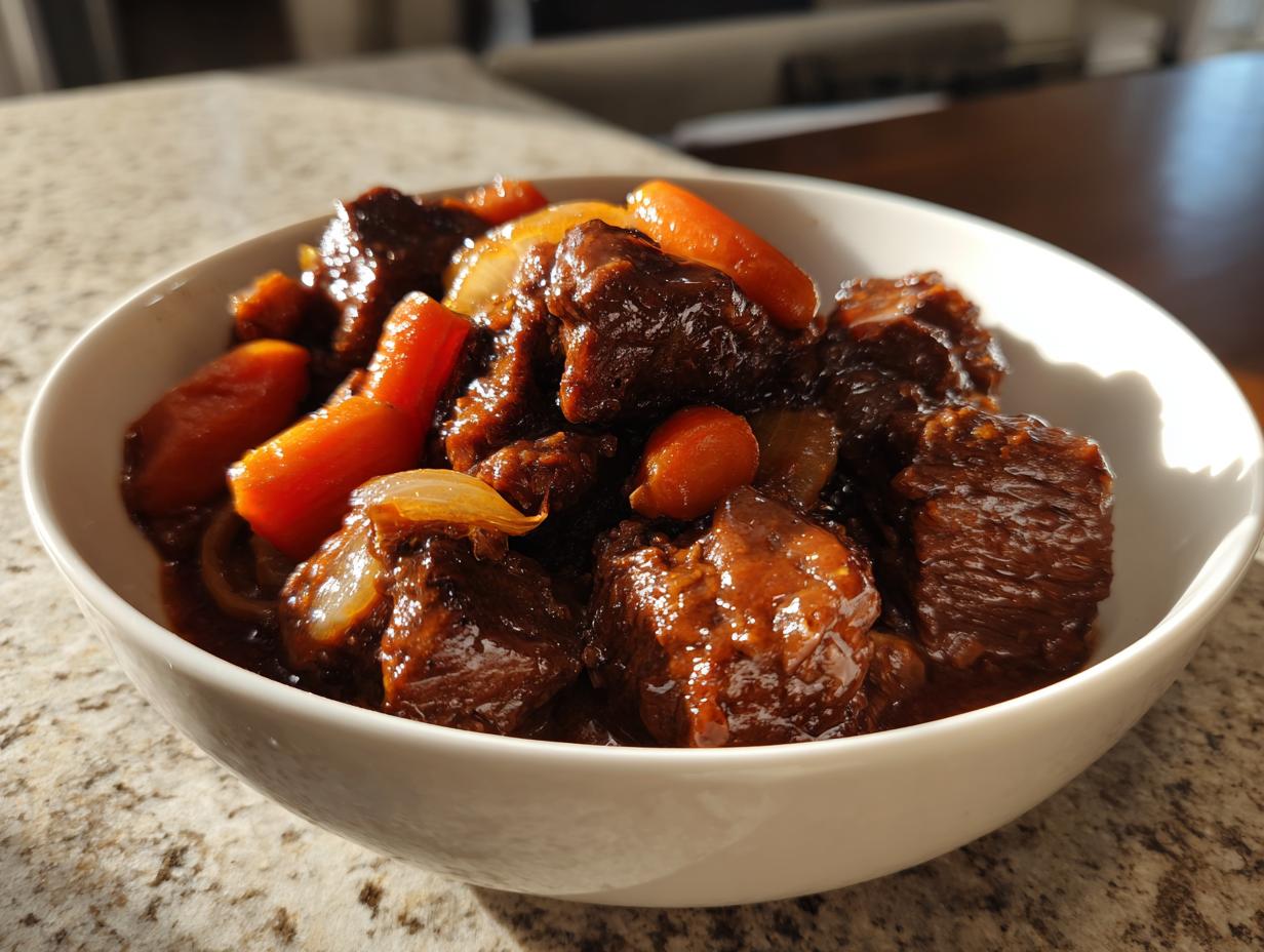 Tazón blanco con guisos a fuego lento caseros de carne, zanahorias y cebolla