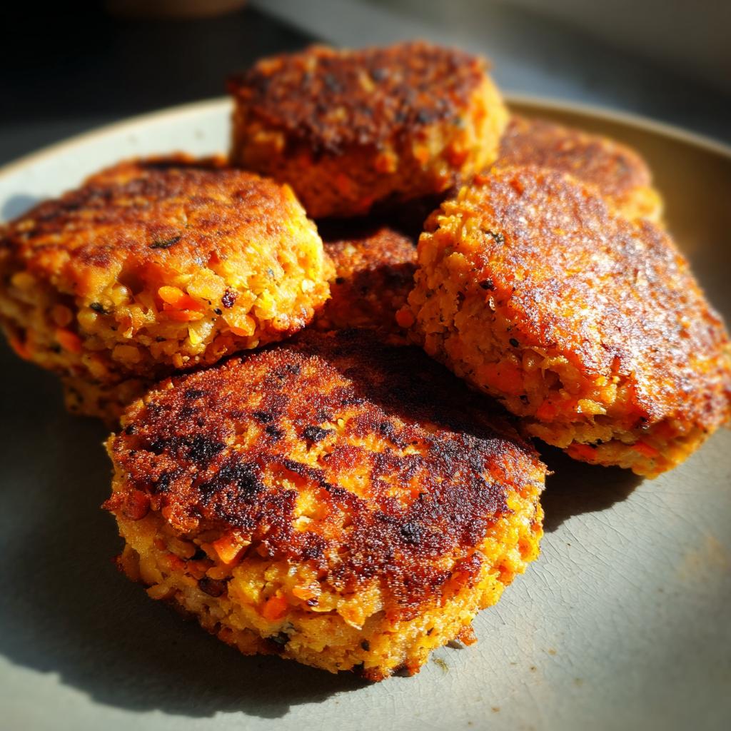 Primer plano de hamburguesas vegetales caseras doradas y crujientes servidas en un plato.