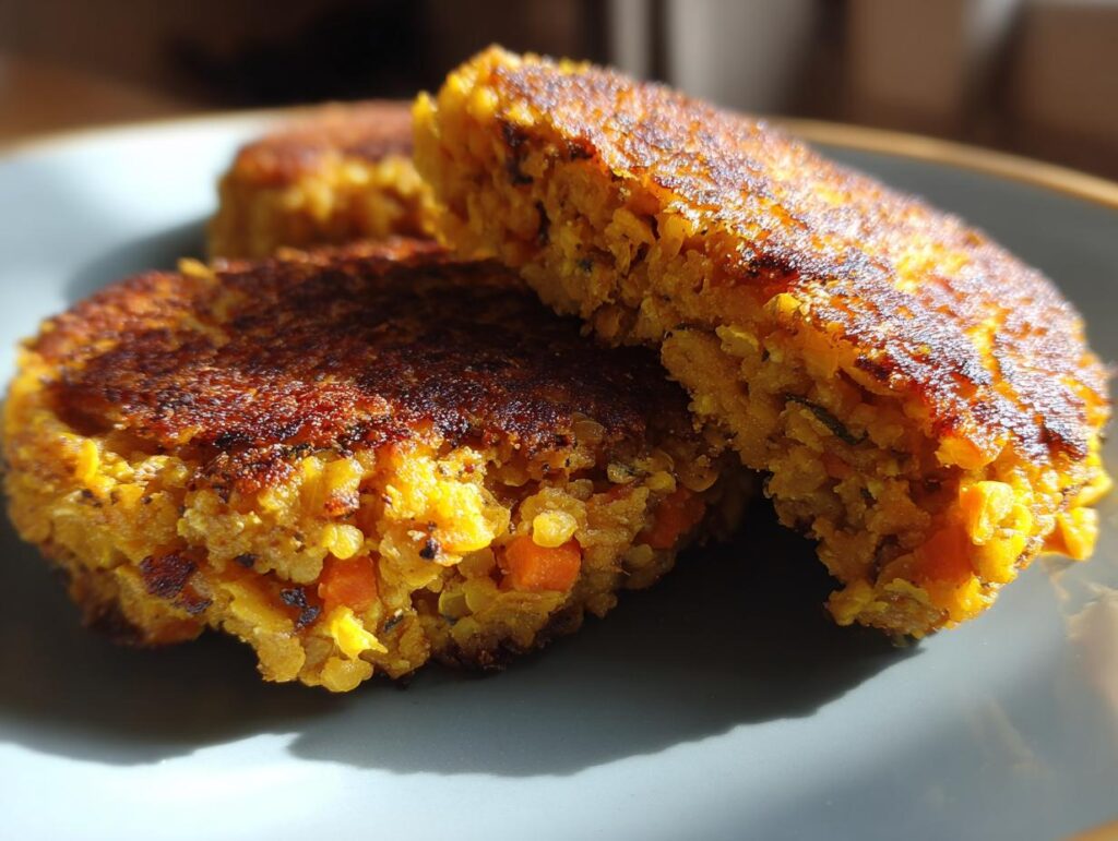 Primer plano de hamburguesas vegetales caseras doradas y crujientes en plato.