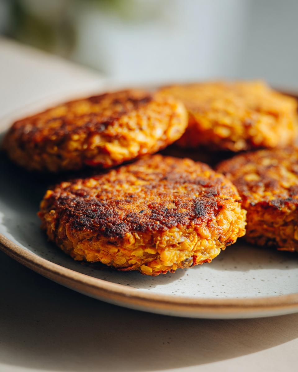 Cuatro hamburguesas vegetales caseras doradas y crujientes en un plato beige cerca