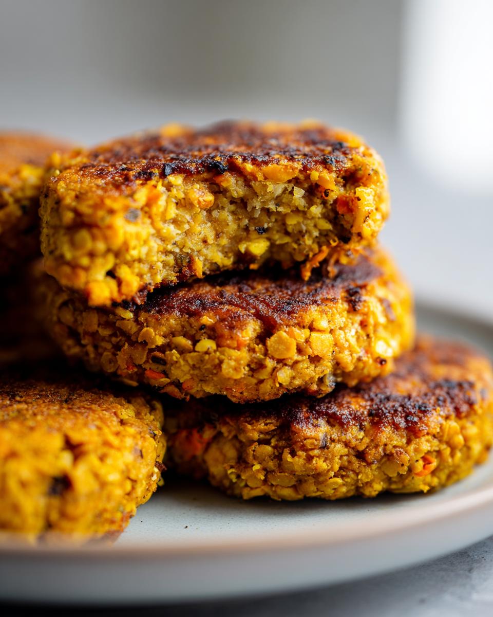 Primer plano de hamburguesas vegetales caseras doradas sobre un plato, una con mordida.