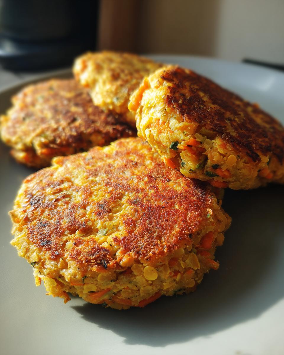 Primer plano de cuatro hamburguesas vegetales caseras doradas sobre plato gris.