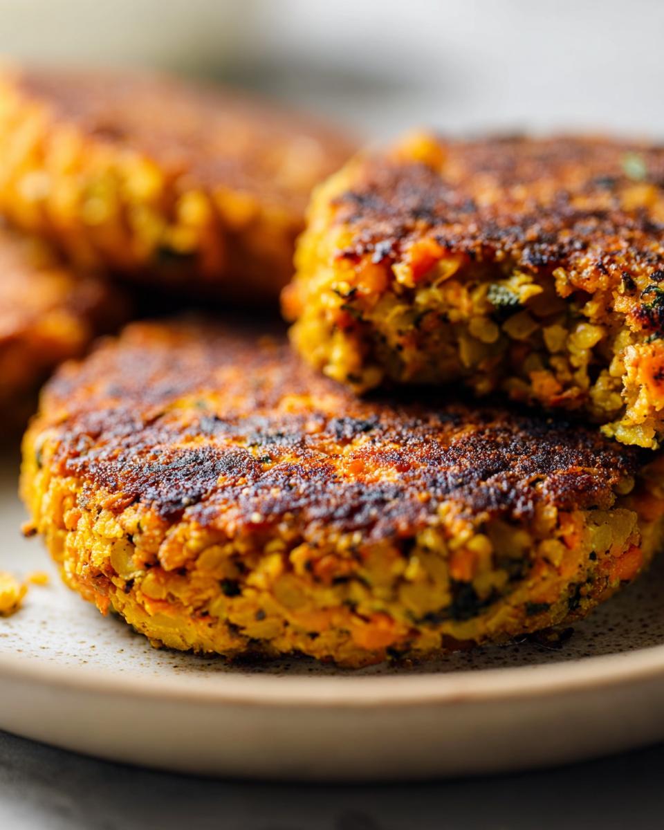 Primer plano de hamburguesas vegetales caseras doradas y crujientes en un plato.