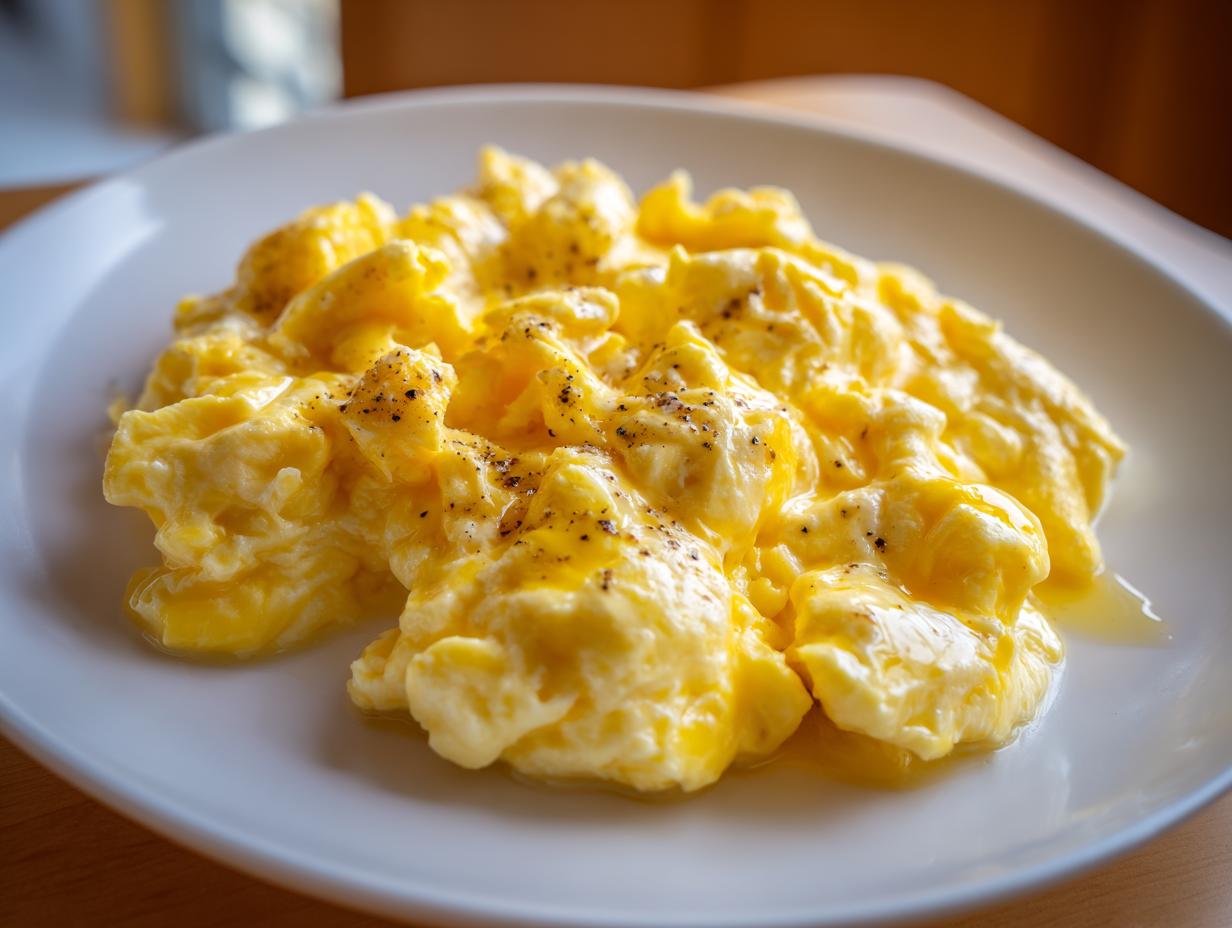 Huevos revueltos cremosos con pimienta negra en plato blanco