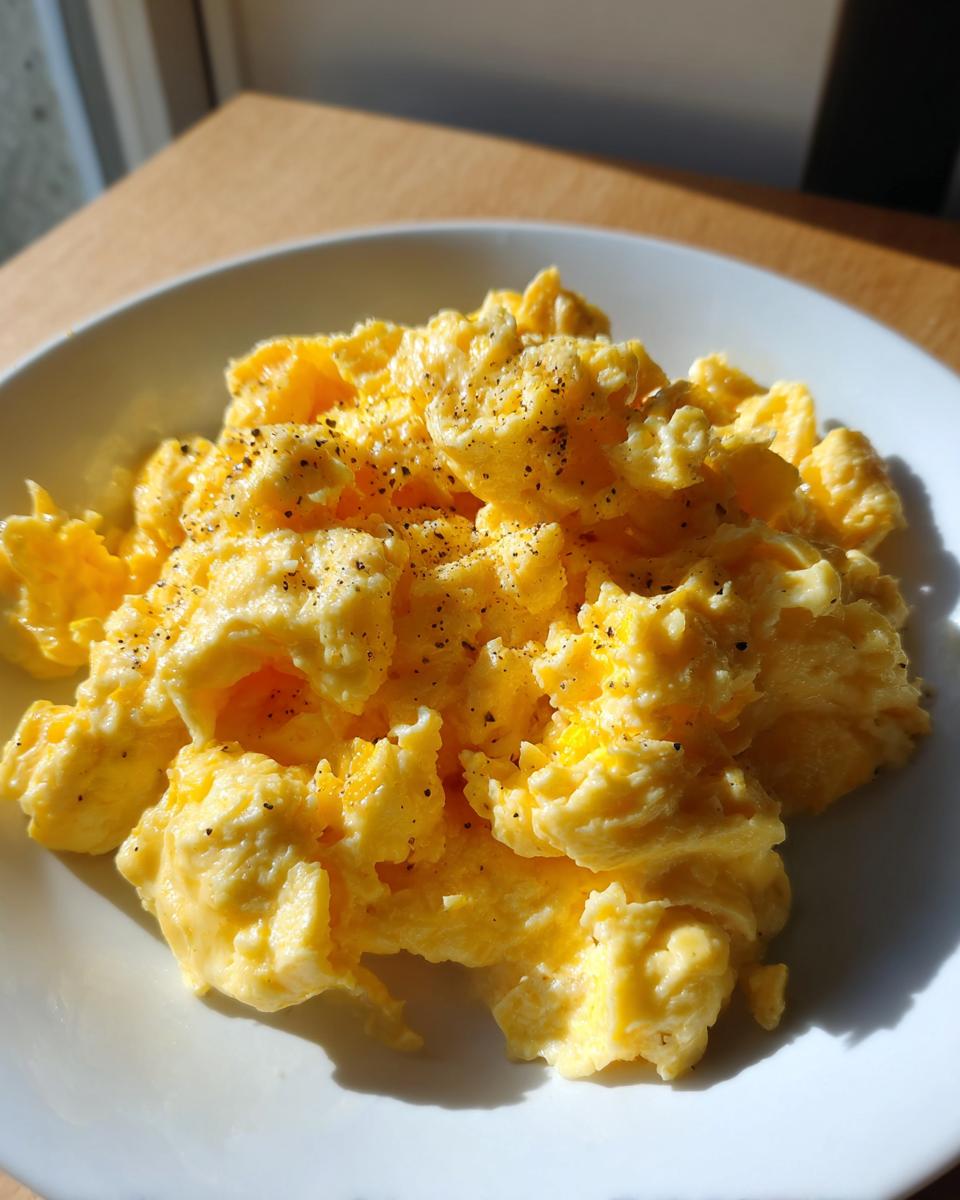 Huevos revueltos esponjosos y amarillos con pimienta negra, en un plato blanco.