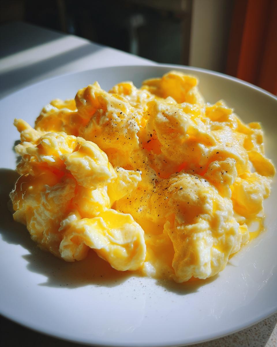 Huevos revueltos esponjosos con pimienta negra en un plato blanco, receta con huevo fáciles