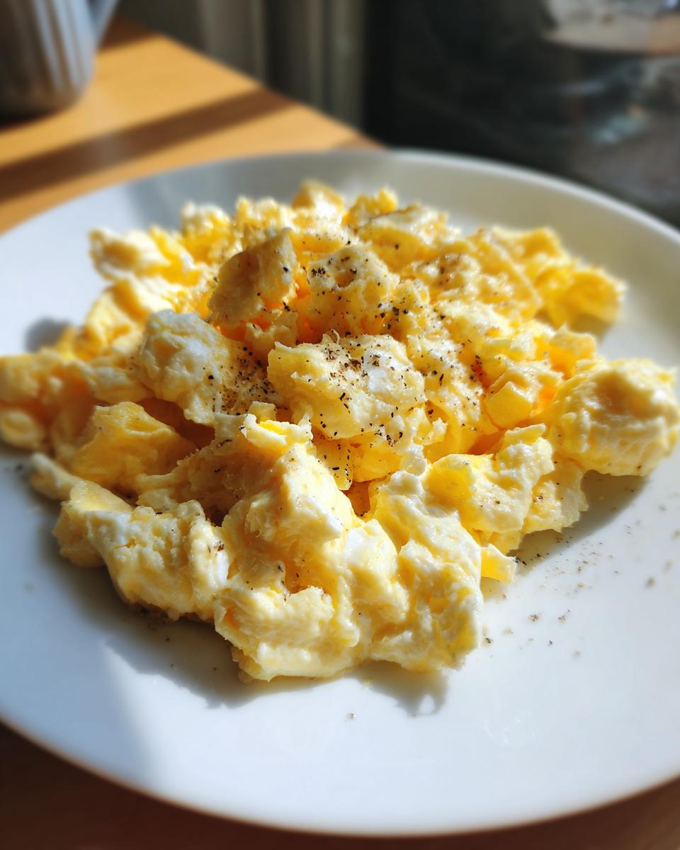 Plato blanco con huevos revueltos espolvoreados con pimienta negra, luz natural.