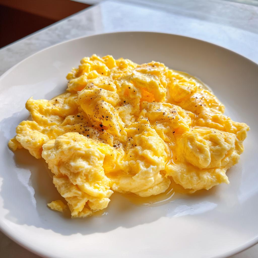 Huevos revueltos esponjosos con pimienta sobre un plato blanco, recetas con huevo fáciles.