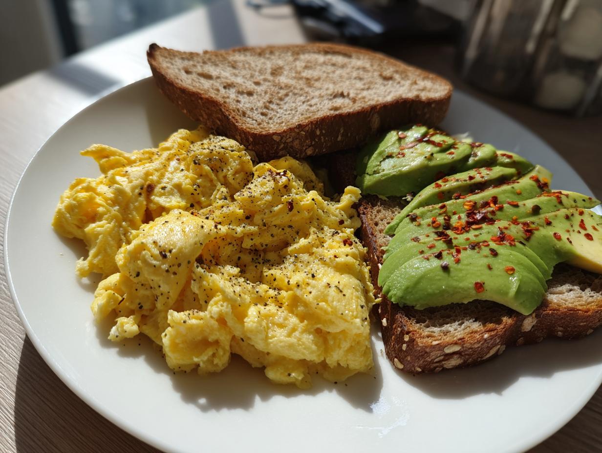 Plato con huevos revueltos, tostadas de pan integral y aguacate en rodajas con especias, ideas de brunch en casa