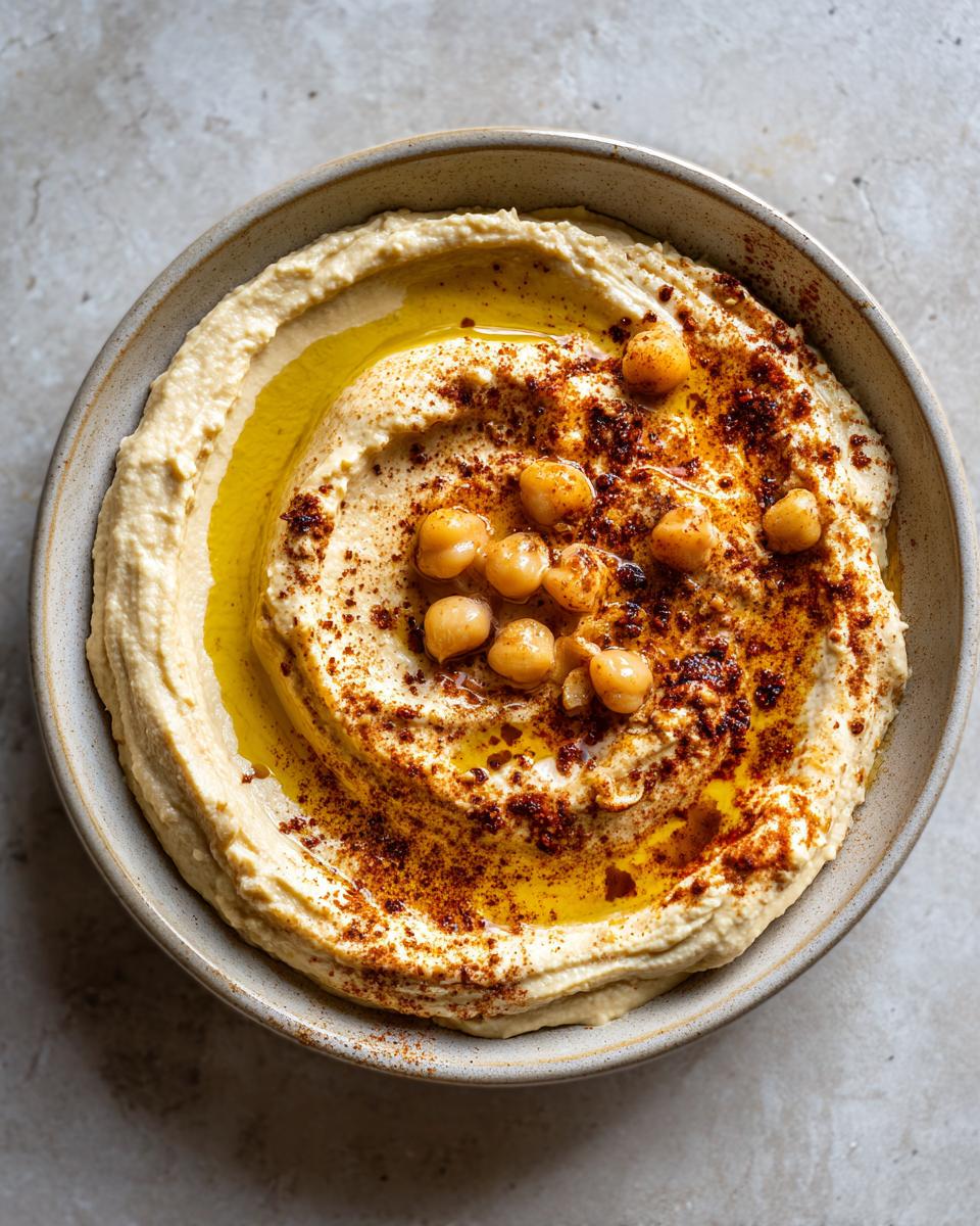 Hummus casero cremoso servido en un bowl con aceite de oliva, garbanzos y especias encima.