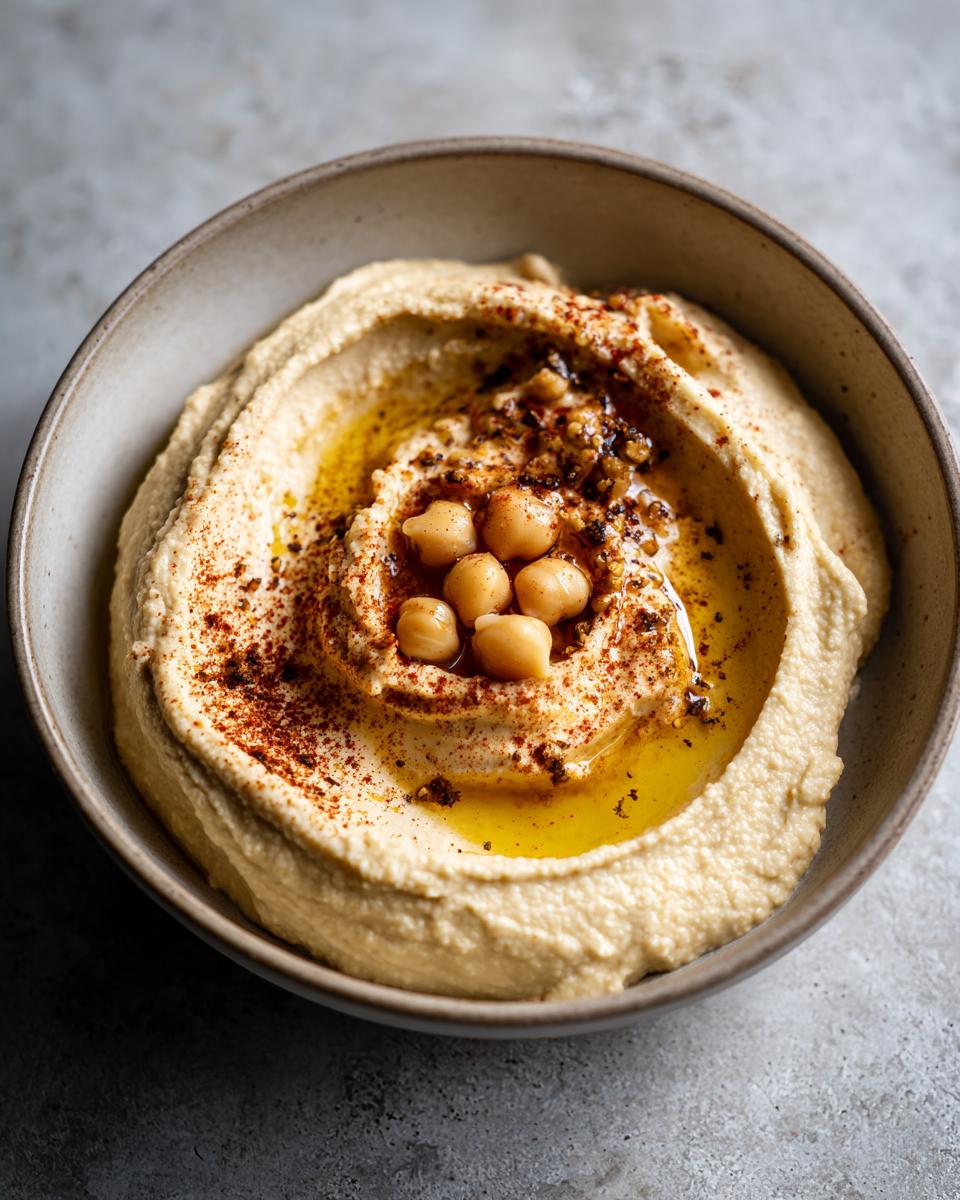 Bol de hummus casero cremoso con aceite de oliva, garbanzos y especias rojas espolvoreadas.