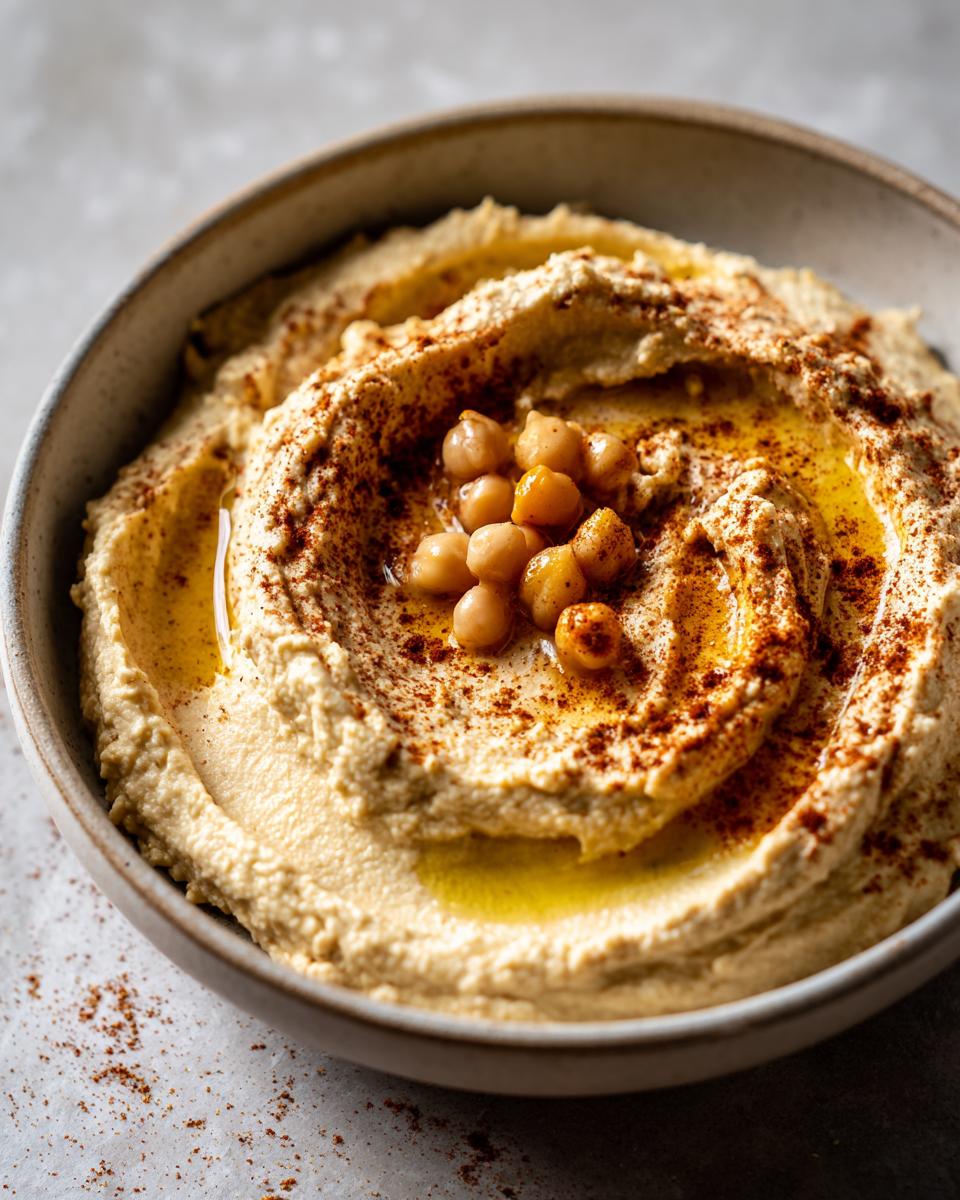 Plato con hummus casero cremoso decorado con garbanzos, aceite de oliva y pimentón