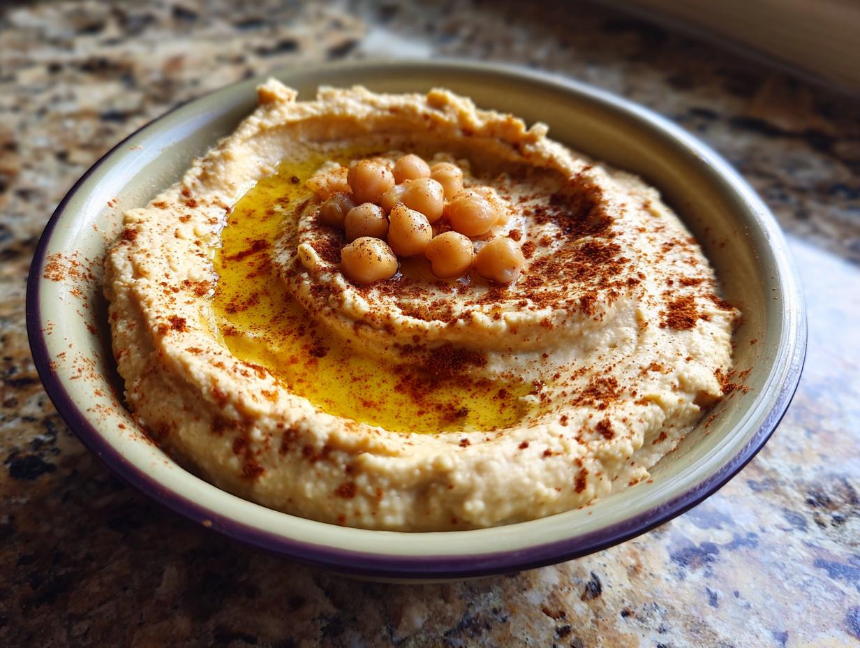 Plato con hummus casero recetas cremoso decorado con garbanzos y aceite de oliva