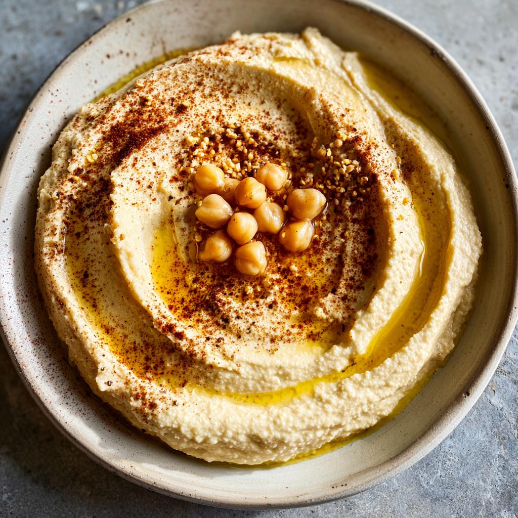 Plato de hummus casero con garbanzos enteros, aceite de oliva y especias espolvoreadas encima.