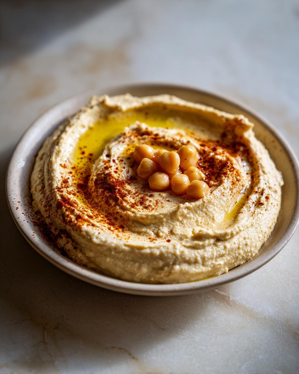 Hummus casero recetas servido en plato con aceite de oliva, garbanzos enteros y pimentón espolvoreado