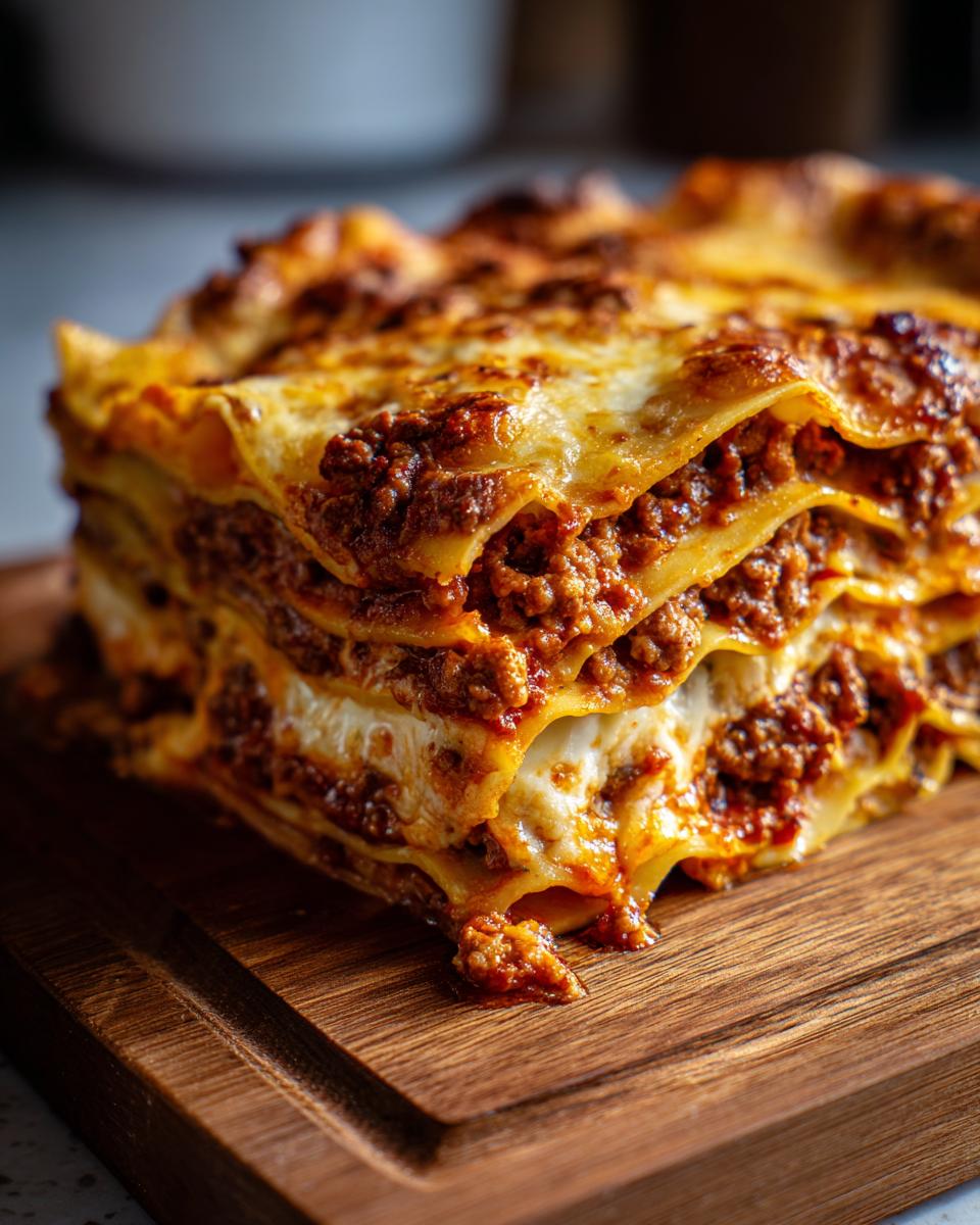 Porción de lasaña casera fácil con capas de carne y queso gratinado en tabla de madera