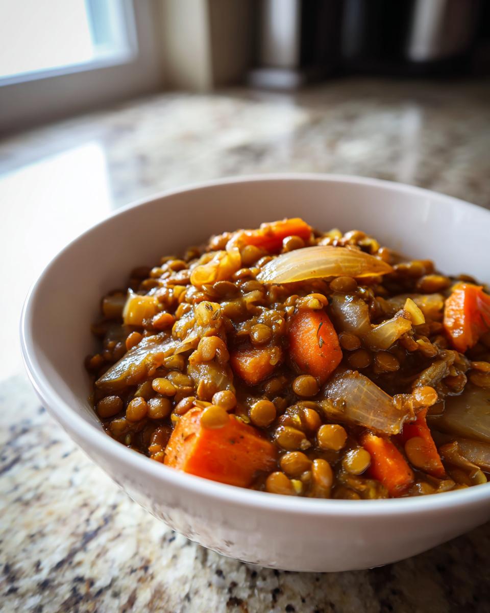Tazón blanco con lentejas cocidas con zanahorias y cebolla para batch cooking invierno recetas