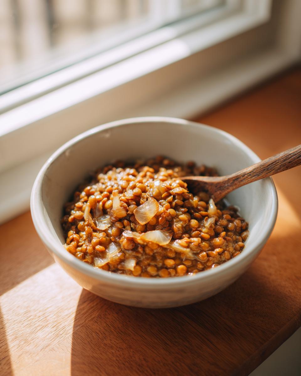 Tazón con lentejas cocidas y cebolla para menús semanales sencillos