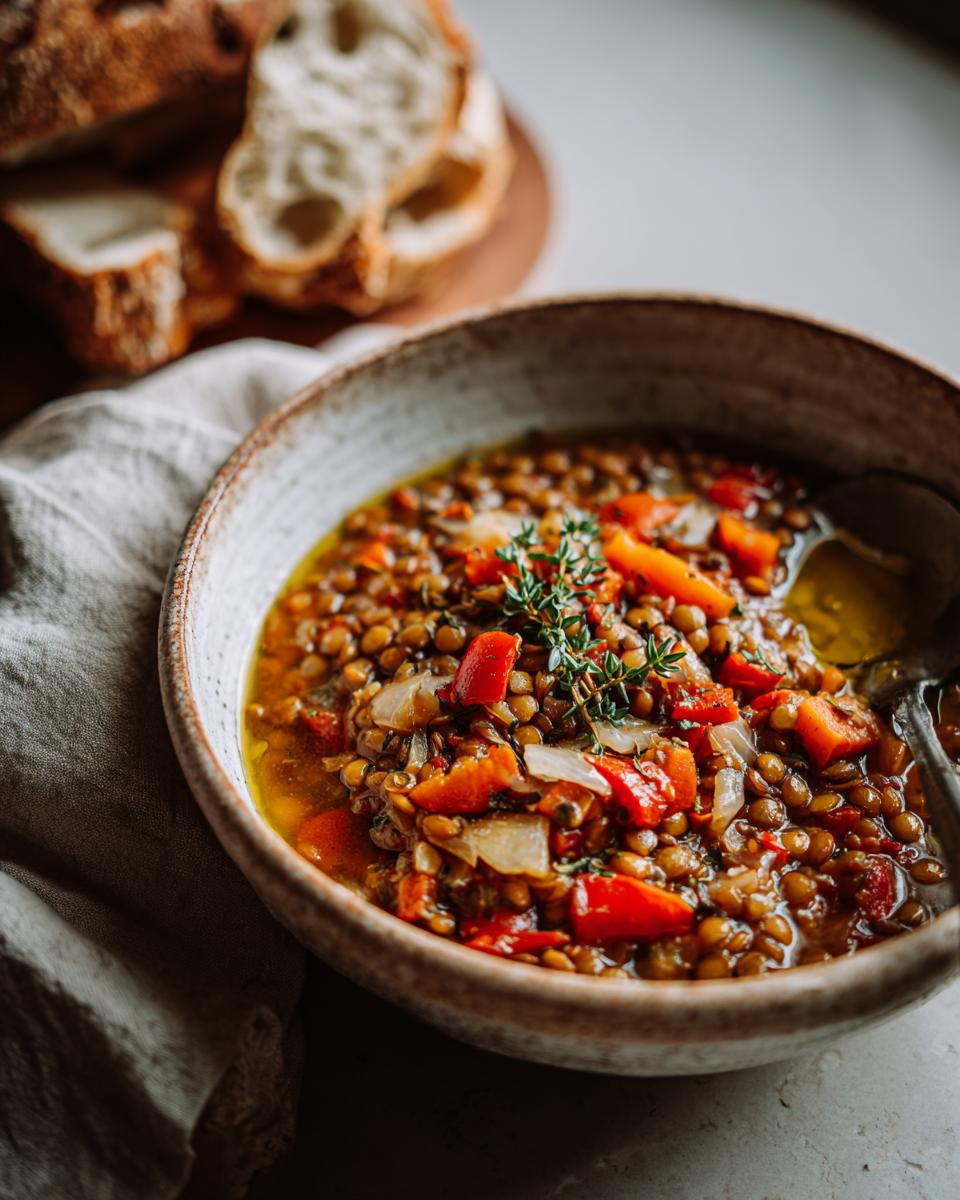 Plato rústico con lentejas estofadas caseras con verduras y hierbas frescas.
