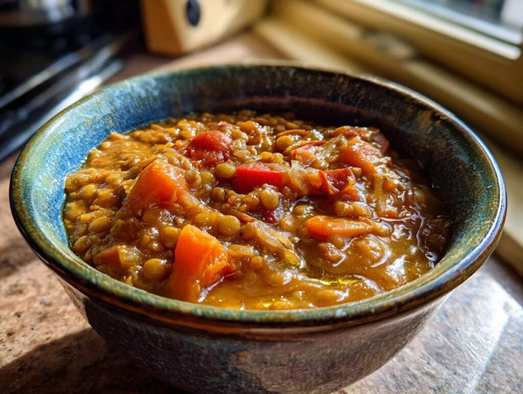 Tazón azul con lentejas estofadas caseras y trozos de verduras en salsa espesa