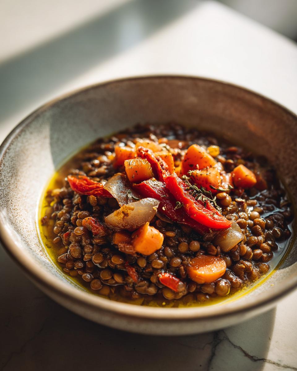 Bol con lentejas estofadas caseras acompañadas de zanahoria, cebolla y pimiento rojo