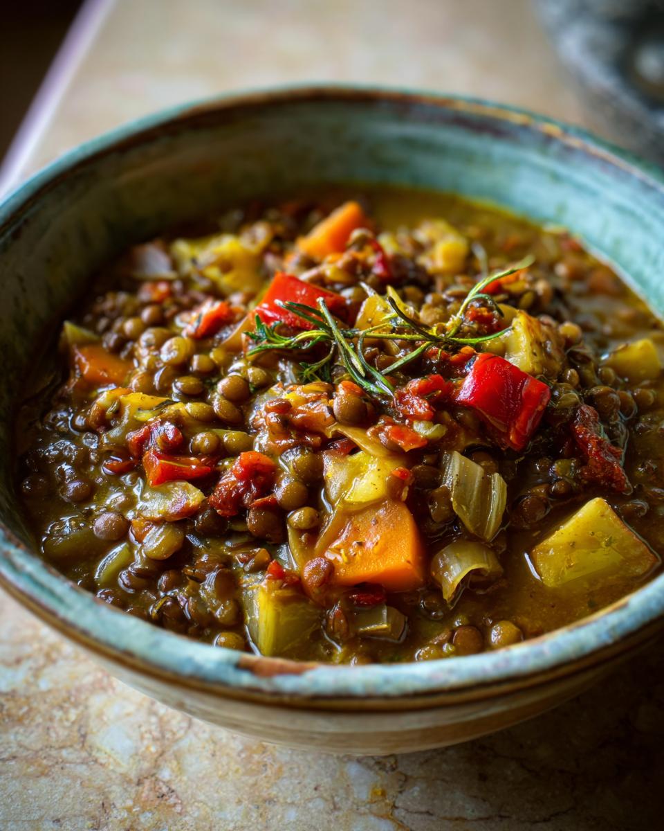 Plato de lentejas estofadas caseras con zanahoria, pimiento y romero en un bol azul
