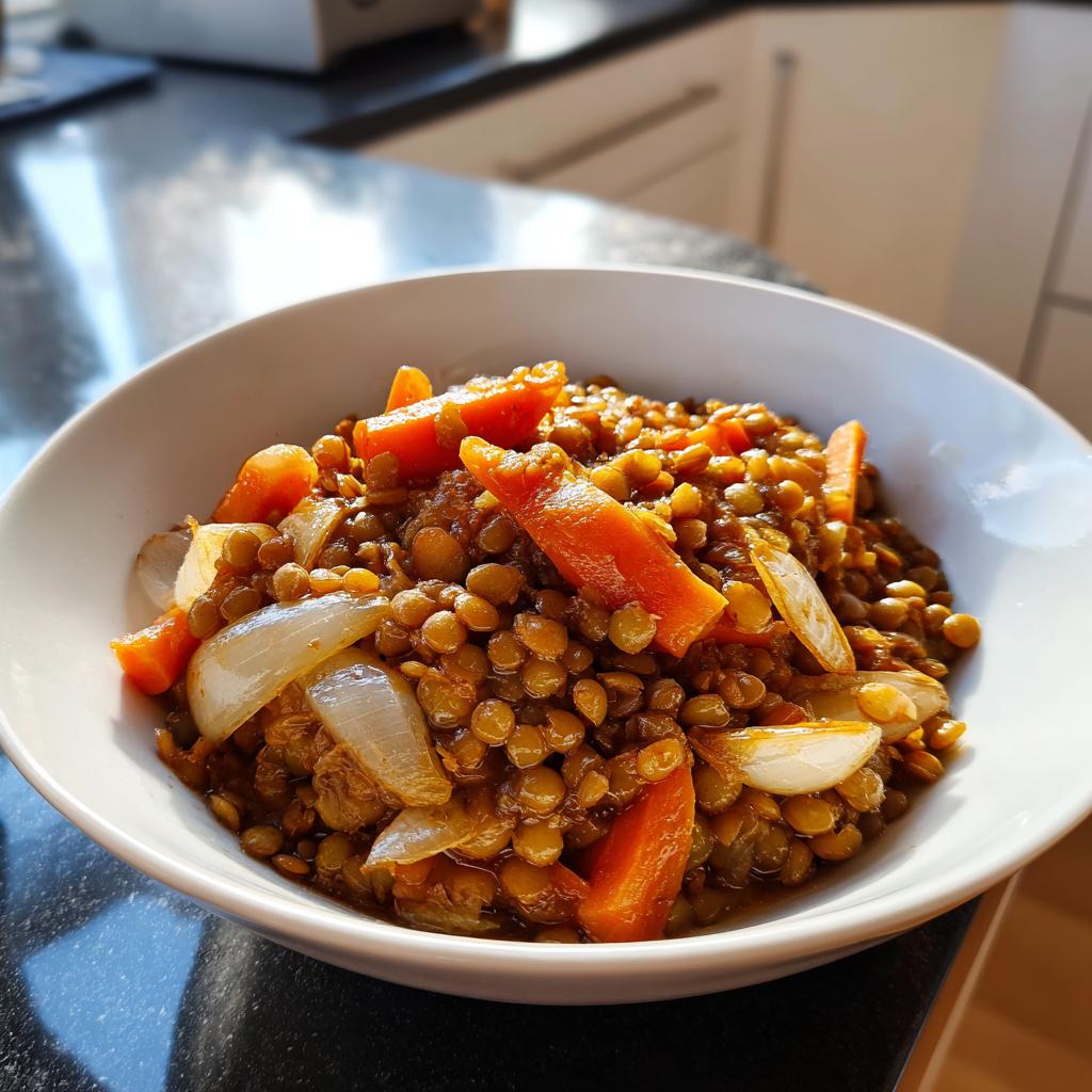 Plato de lentejas guisadas con zanahorias y cebolla, ideal para batch cooking invierno recetas