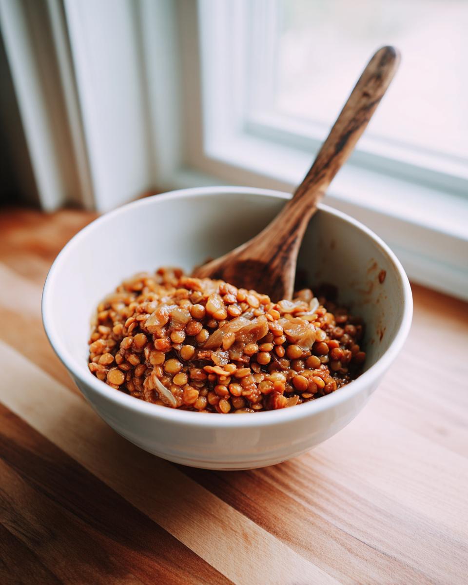 Bol blanco con guiso de lentejas y cebolla, con cuchara de madera, ideal para menús semanales sencillos