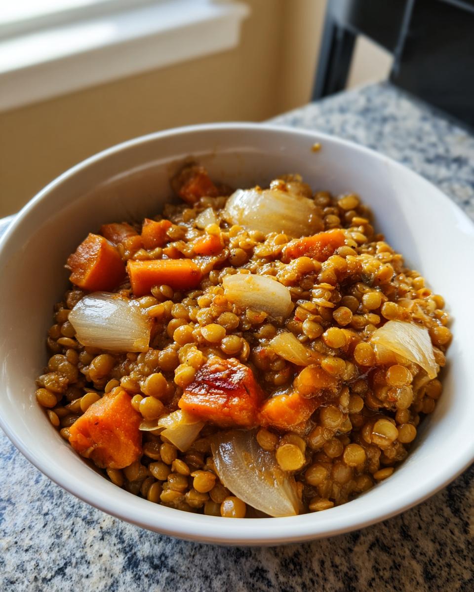 Primer plano de un plato de lentejas con zanahorias y cebolla, ideal para batch cooking invierno recetas.