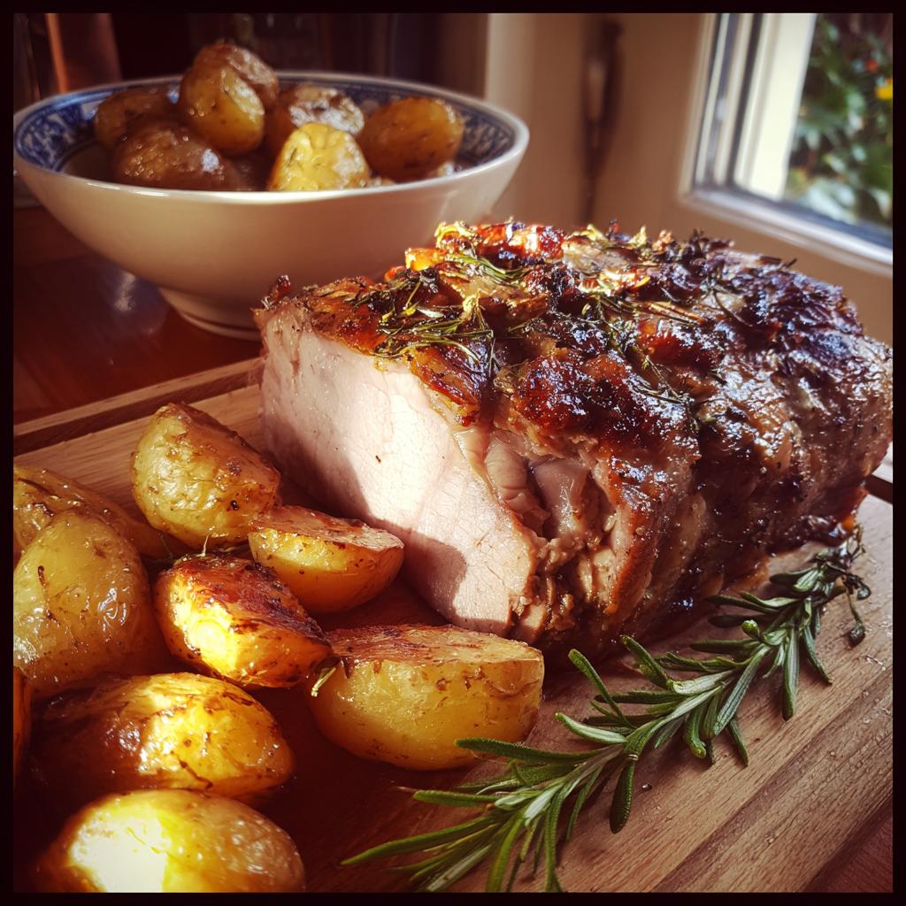 Lomo de cerdo asado con papas doradas y ramitas de romero en tabla de madera