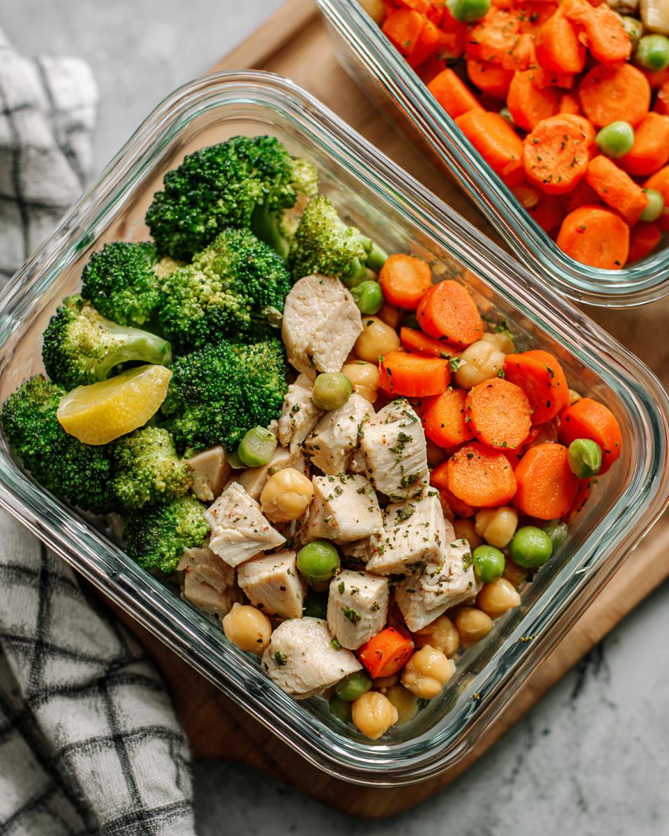 Recipiente con meal prep saludable para dos que incluye brócoli, pollo, garbanzos, zanahorias y guisantes