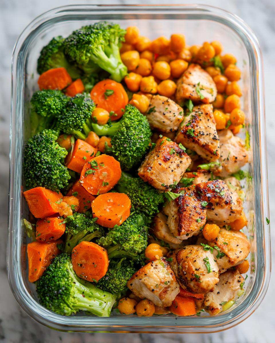 Recipiente con meal prep saludable para dos que incluye pollo a la plancha, brócoli, zanahorias y garbanzos
