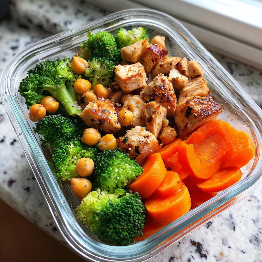 Contenedor con meal prep saludable para dos con brócoli, garbanzos, pollo a la parrilla y zanahorias.
