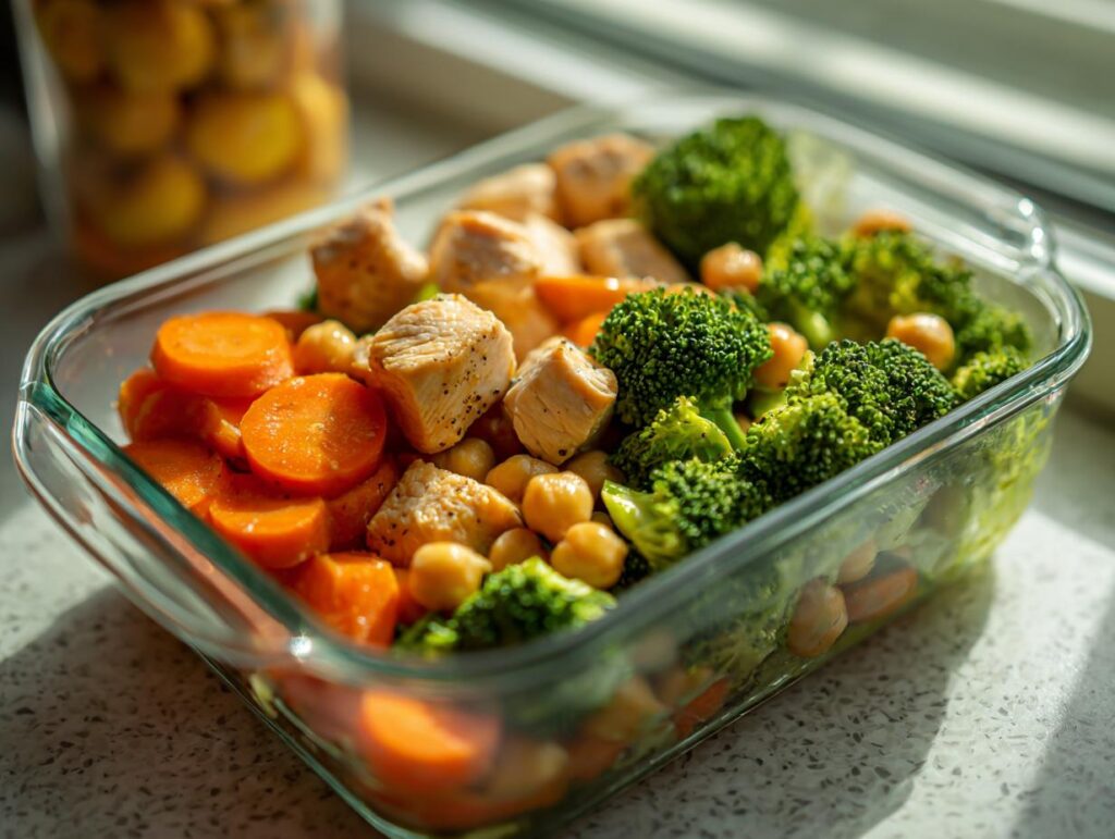 Recipiente con meal prep saludable para dos, pollo, brócoli, zanahorias y garbanzos.
