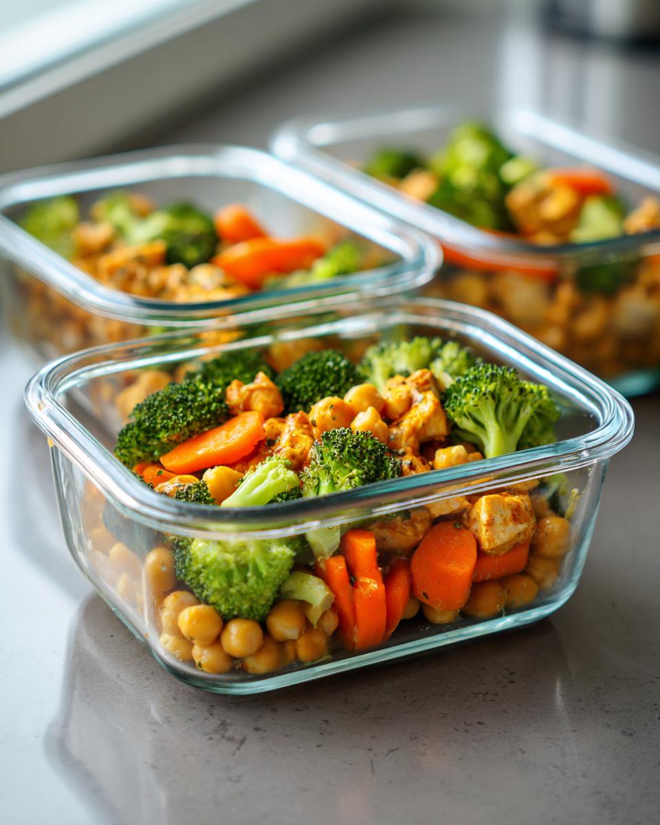 Recipientes con meal prep saludable para dos con garbanzos, brócoli y zanahorias