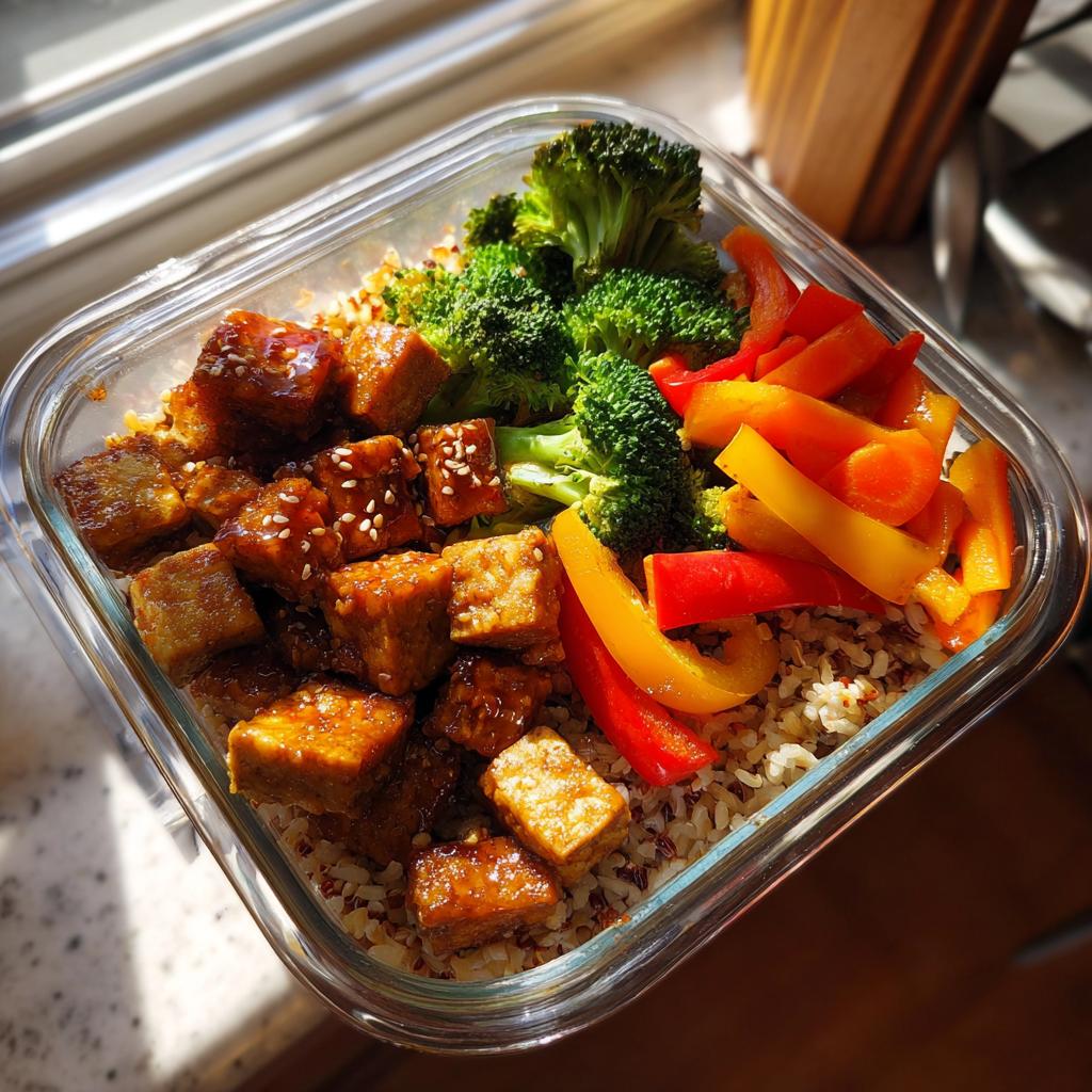 Contenedor con meal prep semanal que incluye tofu glaseado, brócoli al vapor y pimientos morrones sobre arroz integral.