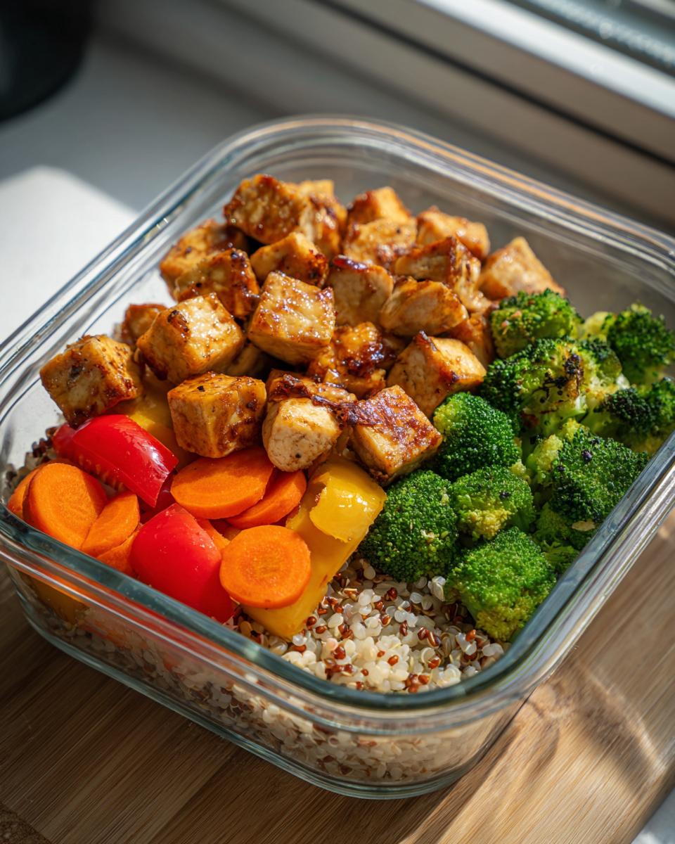 Recipiente con tofu dorado, brócoli, zanahorias y pimientos sobre quinoa para recetas de meal prep semanal