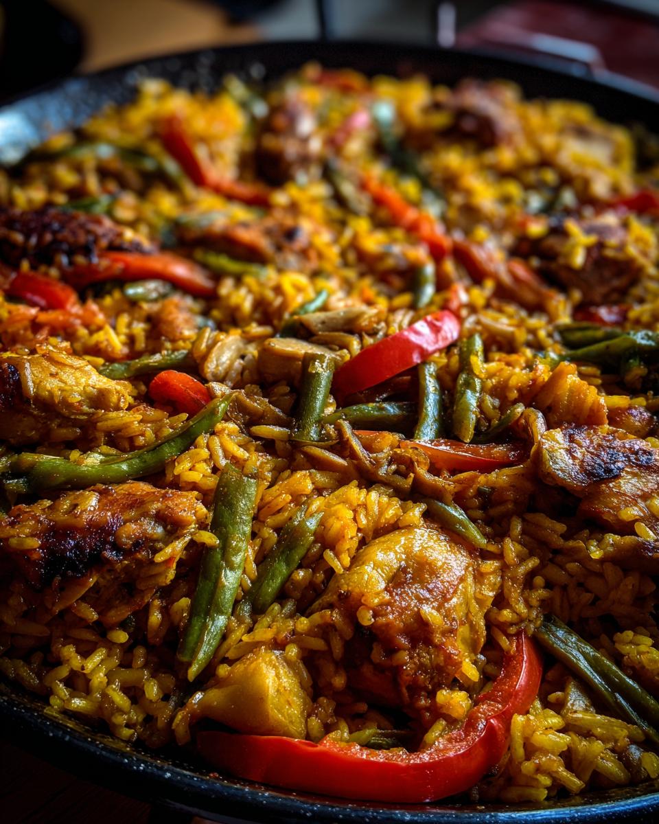 Primer plano de una paella valenciana con arroz, pollo, judías verdes y pimientos rojos