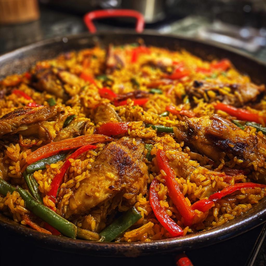 Paella valenciana con arroz, pollo, pimientos y judías verdes en una paellera