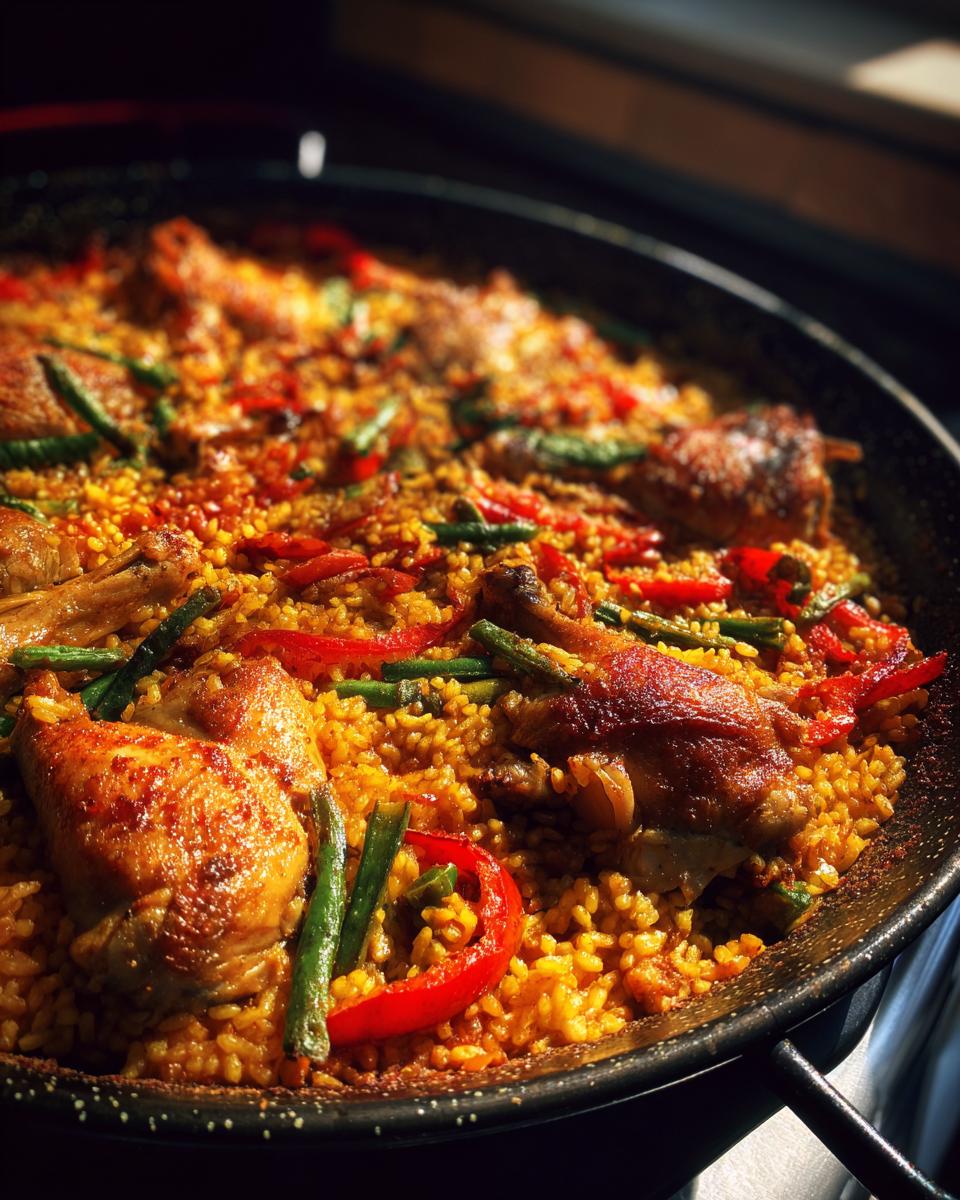 Paella valenciana con pollo, judías verdes y pimiento rojo en sartén grande
