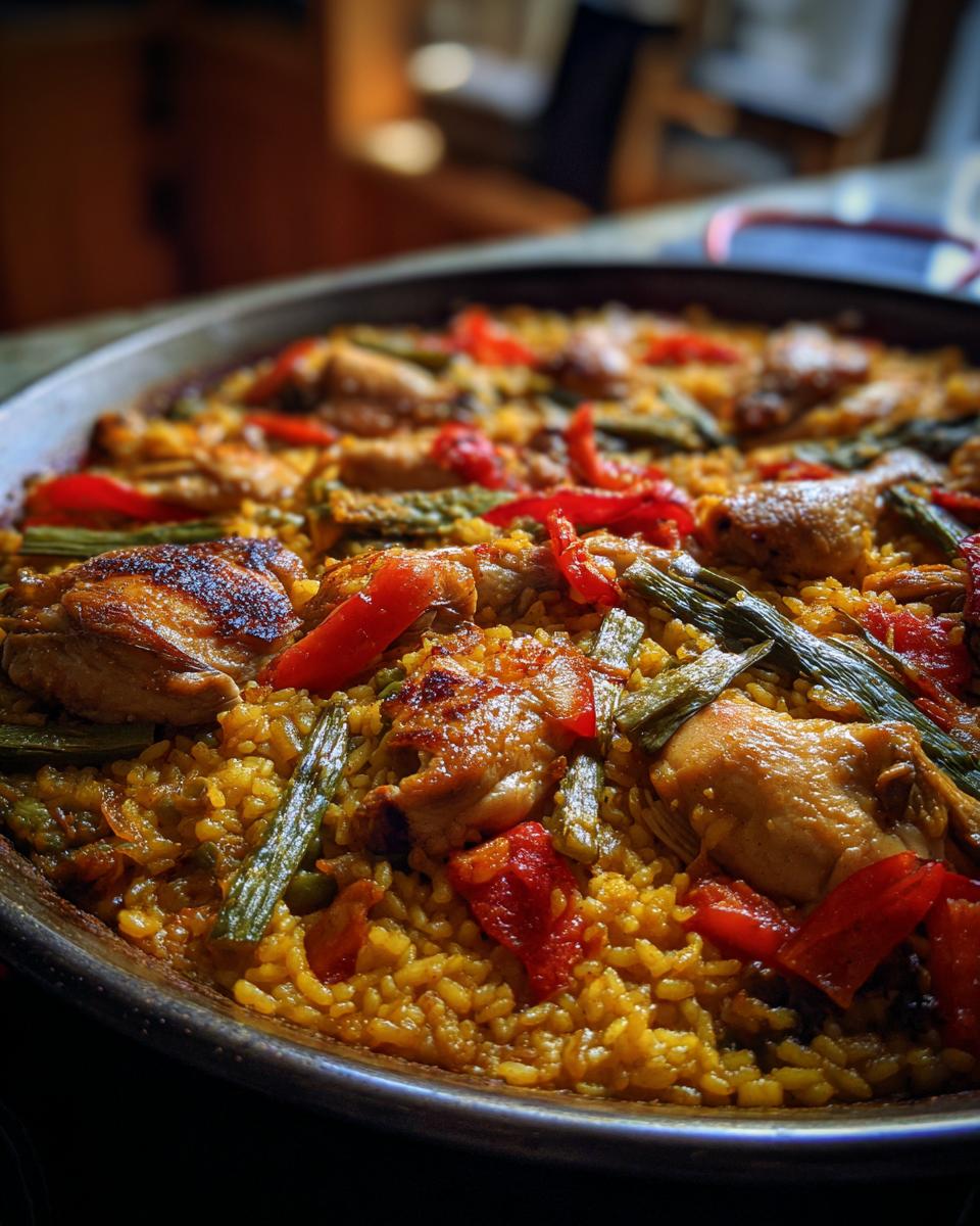 Primer plano de una paella valenciana con arroz, pollo, pimientos y judías verdes