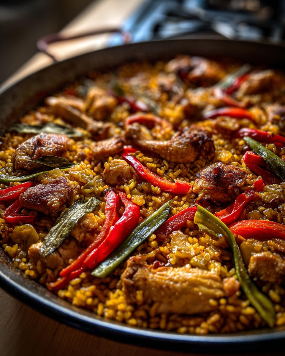 Paella valenciana con arroz, pollo, pimientos rojos y verdes en sartén grande