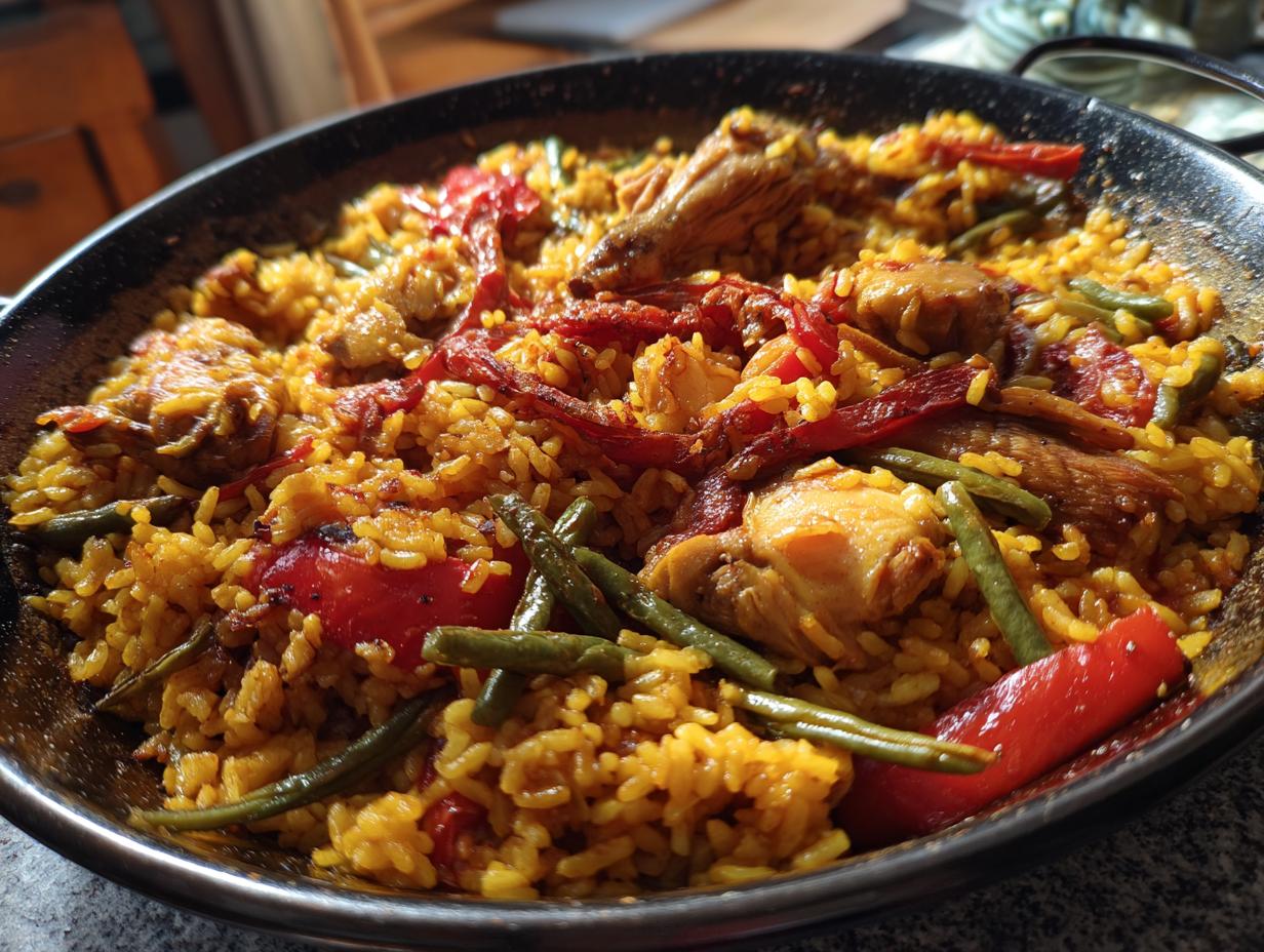 Paella valenciana en sartén con arroz, pollo, judías verdes y pimientos rojos.