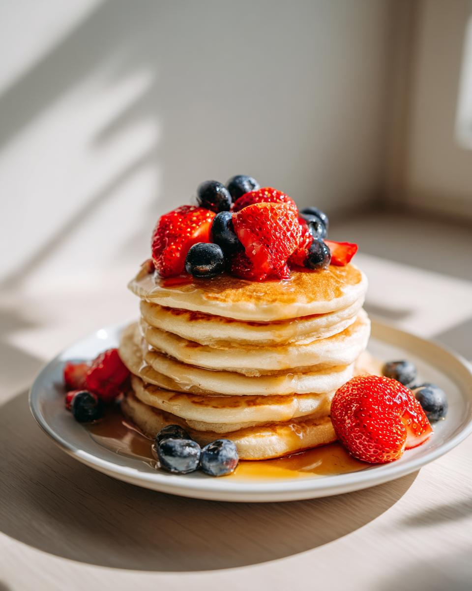 Pancakes apilados con fresas y arándanos frescos y jarabe de maple en plato blanco