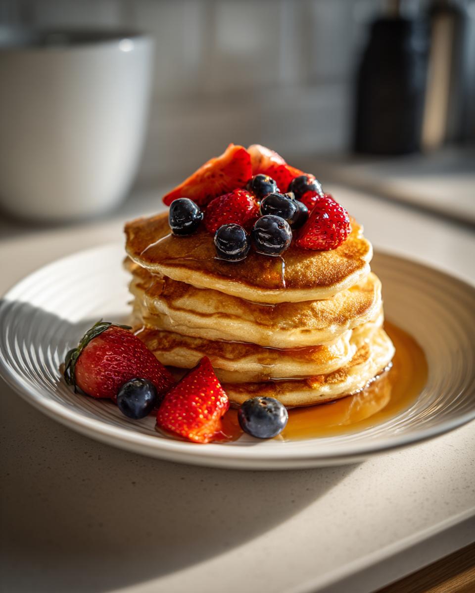 Pila de panqueques con fresas, arándanos y jarabe en plato blanco como ideas de desayunos de navidad