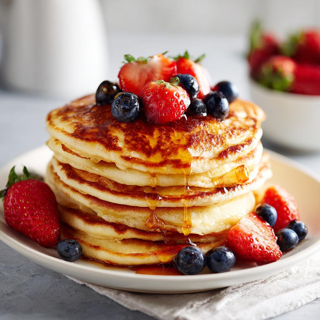 Torre de panqueques con fresas y arándanos bañados en miel, para ideas de desayunos de navidad