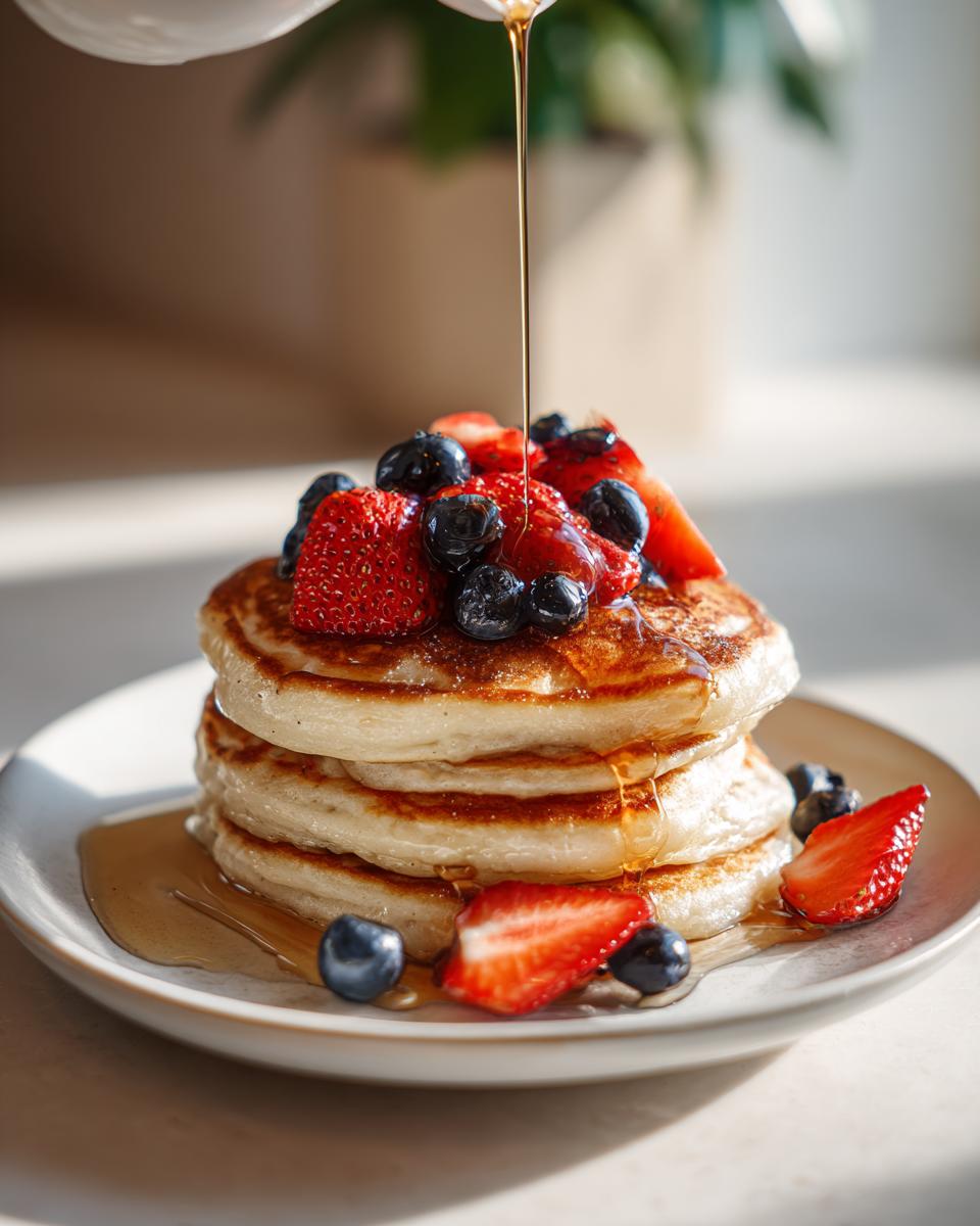 Tres panqueques con fresas, arándanos y jarabe cayendo, ideales ideas de desayunos de navidad